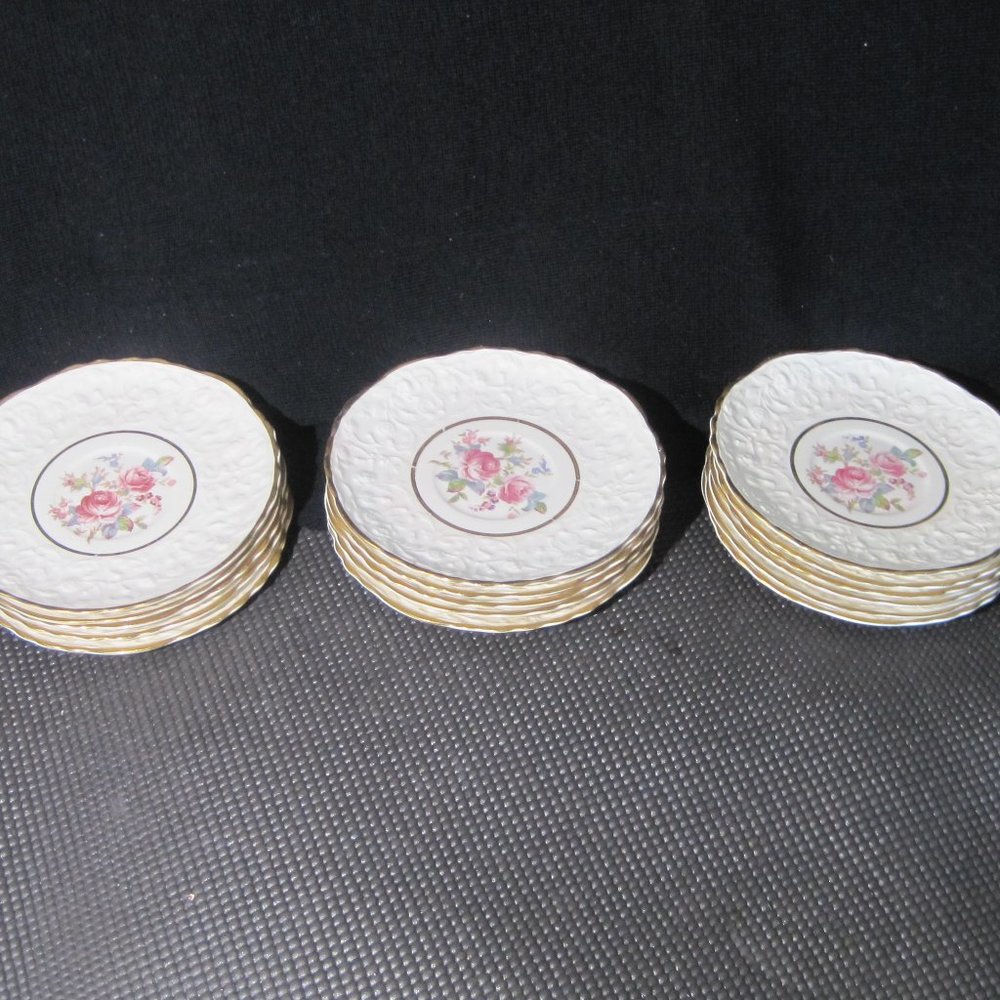 Lot of 16 Cream Rose Point Pope-Gosser China 6" Saucers Raised Pattern USA.